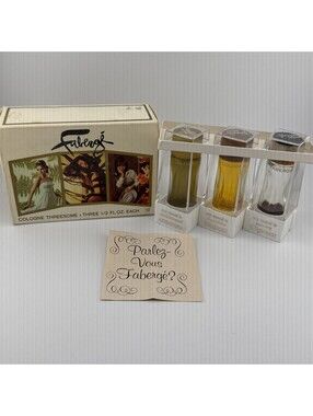 VTG Faberge Threesome Set Perfume Cologne W Box Woodhue Aphrodisia Tigress 1960s
